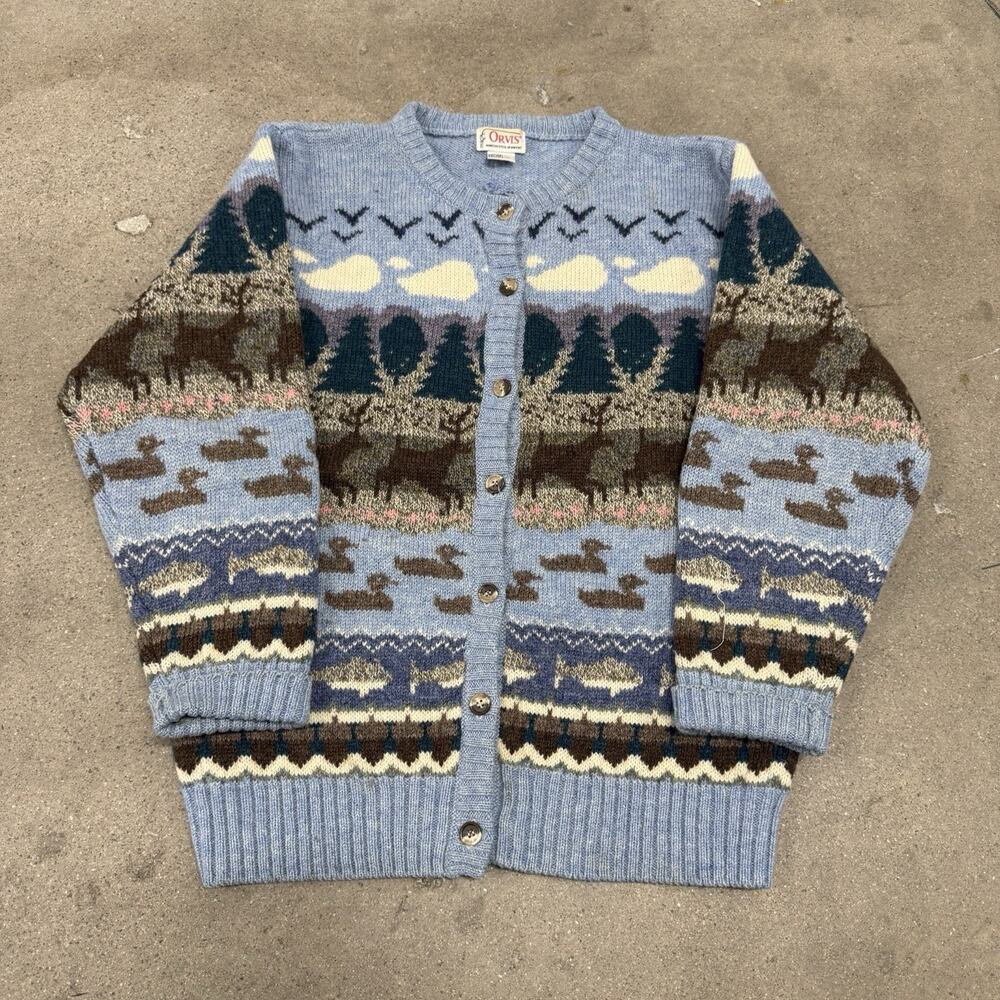 Vtg Orvis Sweater Womens 38 Small Shetland Wool Trees Mountains Outdoor Cardigan